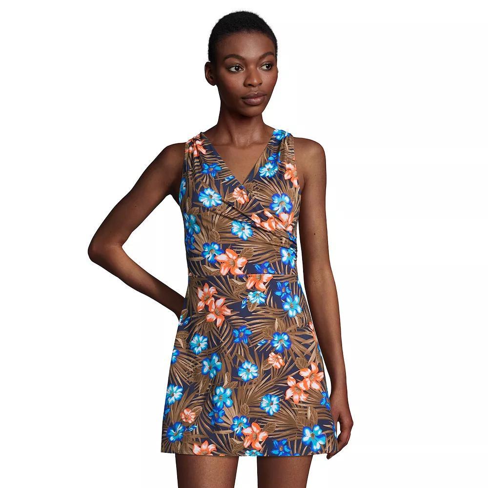Womens Lands End Tummy Control Surplice Faux-Wrap One-Piece Swim Dress Blue Tropic Palm Product Image