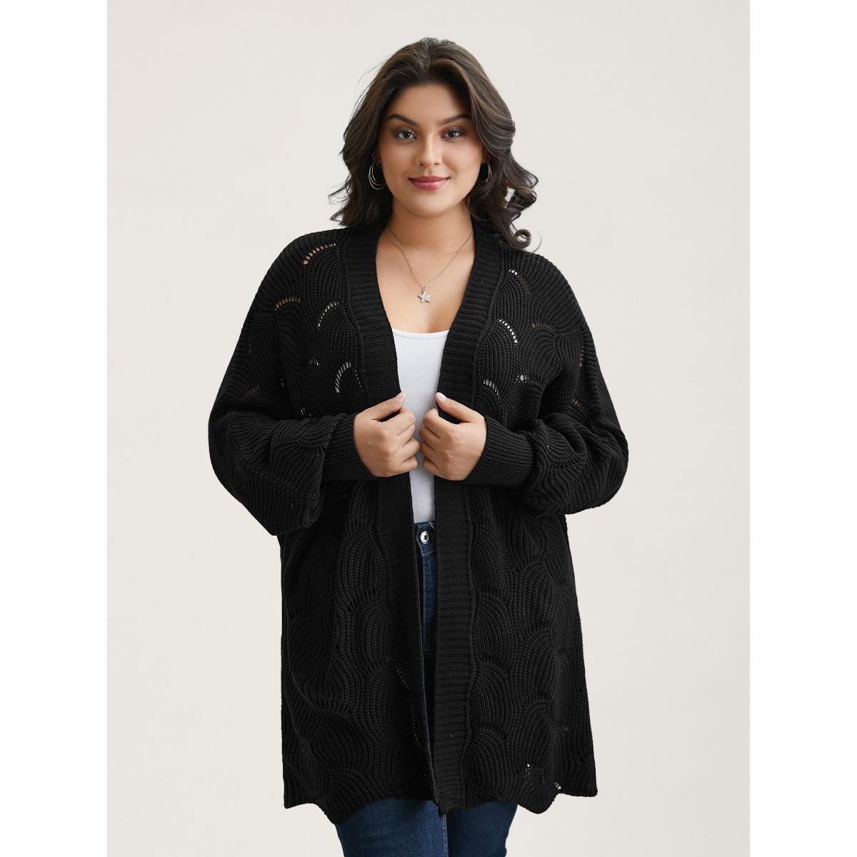 Plus Size Textured Cut-Out Open-Front Cardigan Black Women Casual Loose Long Sleeve Everyday Cardigans BloomChic 28/5X Product Image