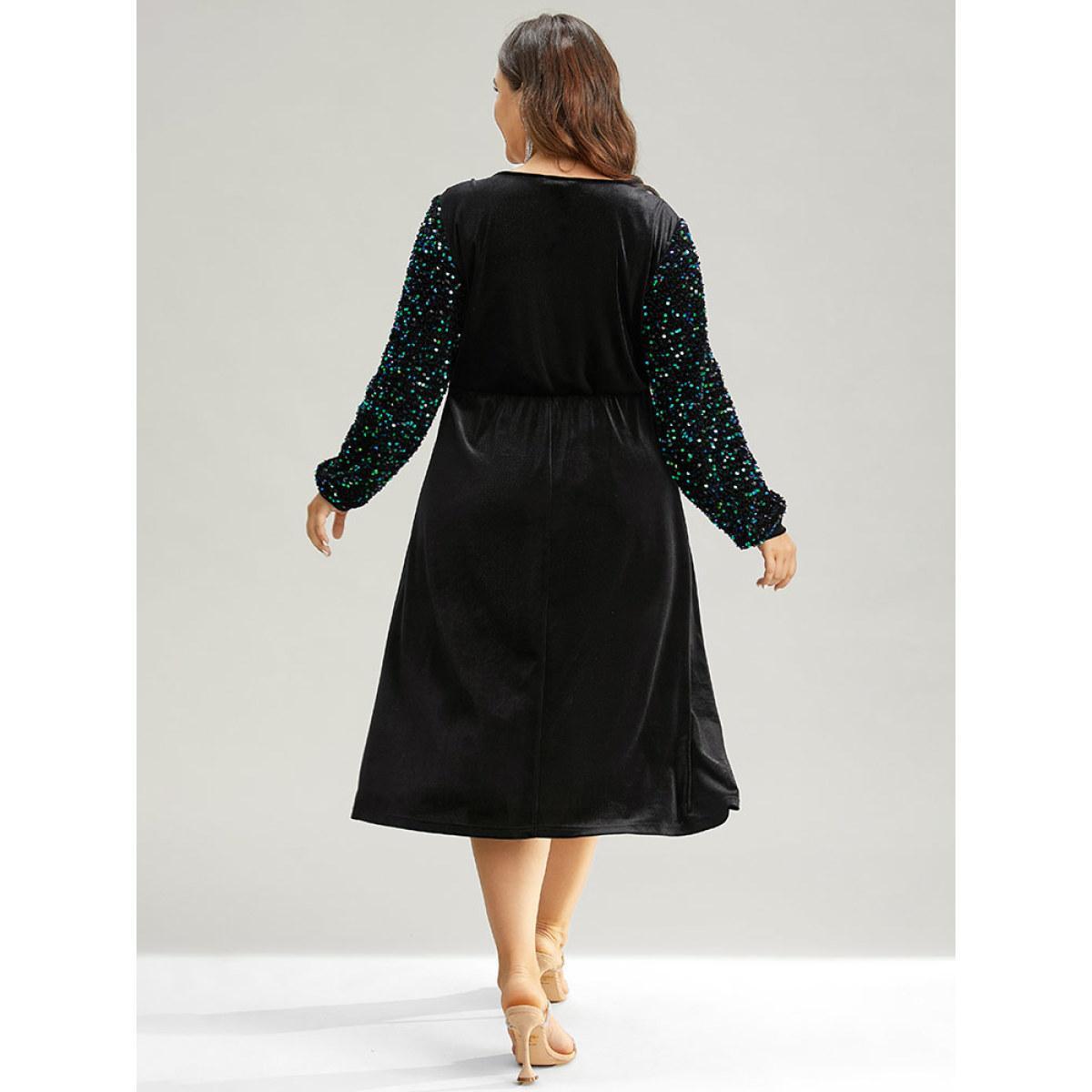 Plus Size Velvet Patchwork Sequin Elastic Waist Dress Black Women Party Velvet Scoop Neck Long Sleeve Curvy Midi Dress BloomChic 28/5X Product Image