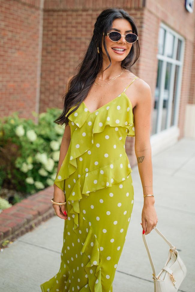 On The Spot Kiwi Ruffle Detail Polka Dot Midi Dress FINAL SALE Product Image