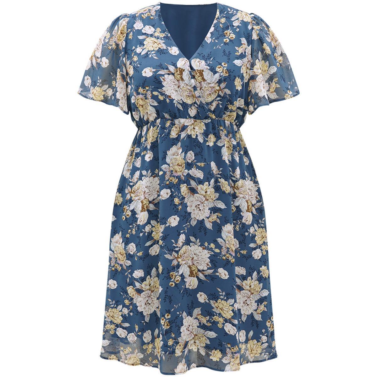 Plus Size Floral Print Surplice Neck Flutter Sleeve Dress Stone Women Elegant Gathered V-neck Short sleeve Curvy Midi Dress BloomChic 14-16/1X Product Image