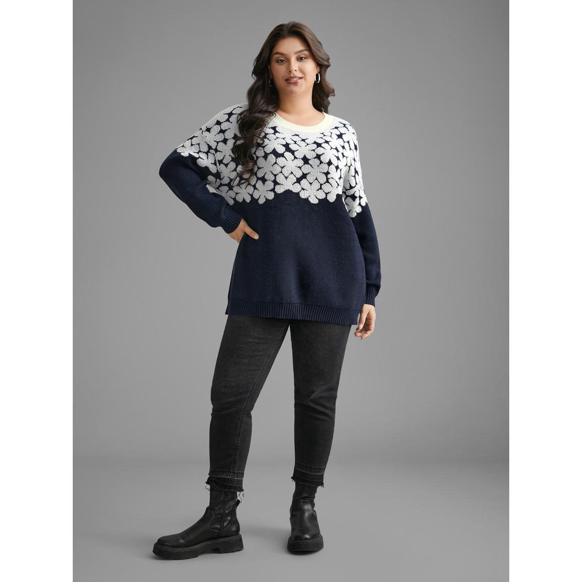 Plus Size Floral Contrast Patchwork Drop Shoulder Pullover Indigo Women Casual Loose Long Sleeve Round Neck Everyday Pullovers BloomChic 10/M Product Image