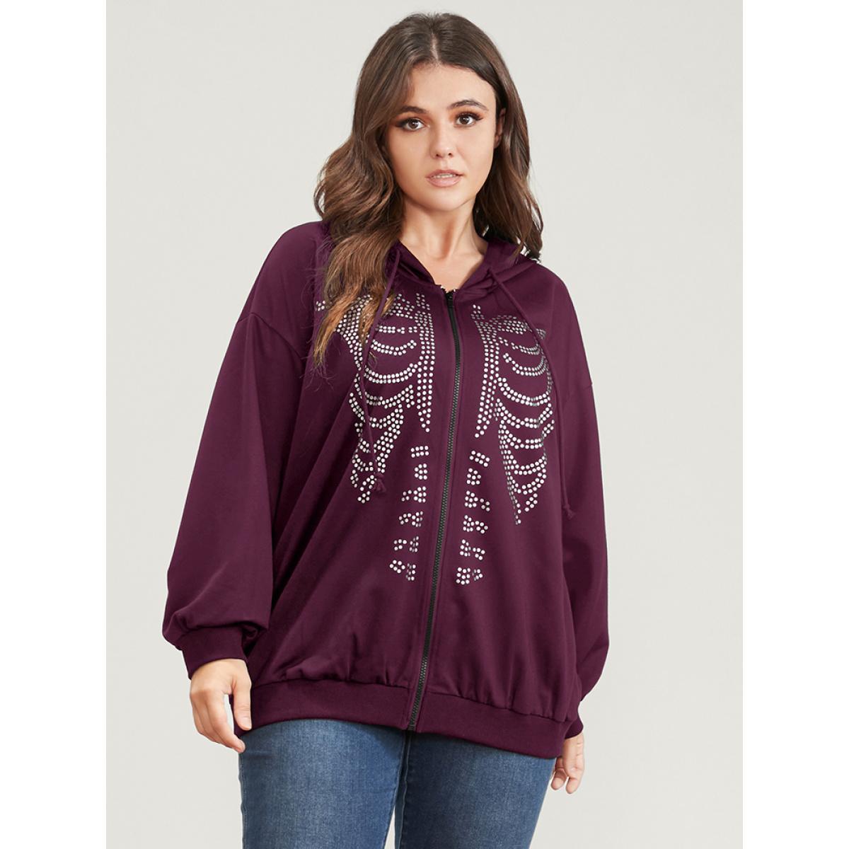 Plus Size Halloween Skeleton Print Zip Up Drawstring Hooded Sweatshirt Women RedViolet Casual Printed Hooded Dailywear Sweatshirts BloomChic 14-16/1X Product Image