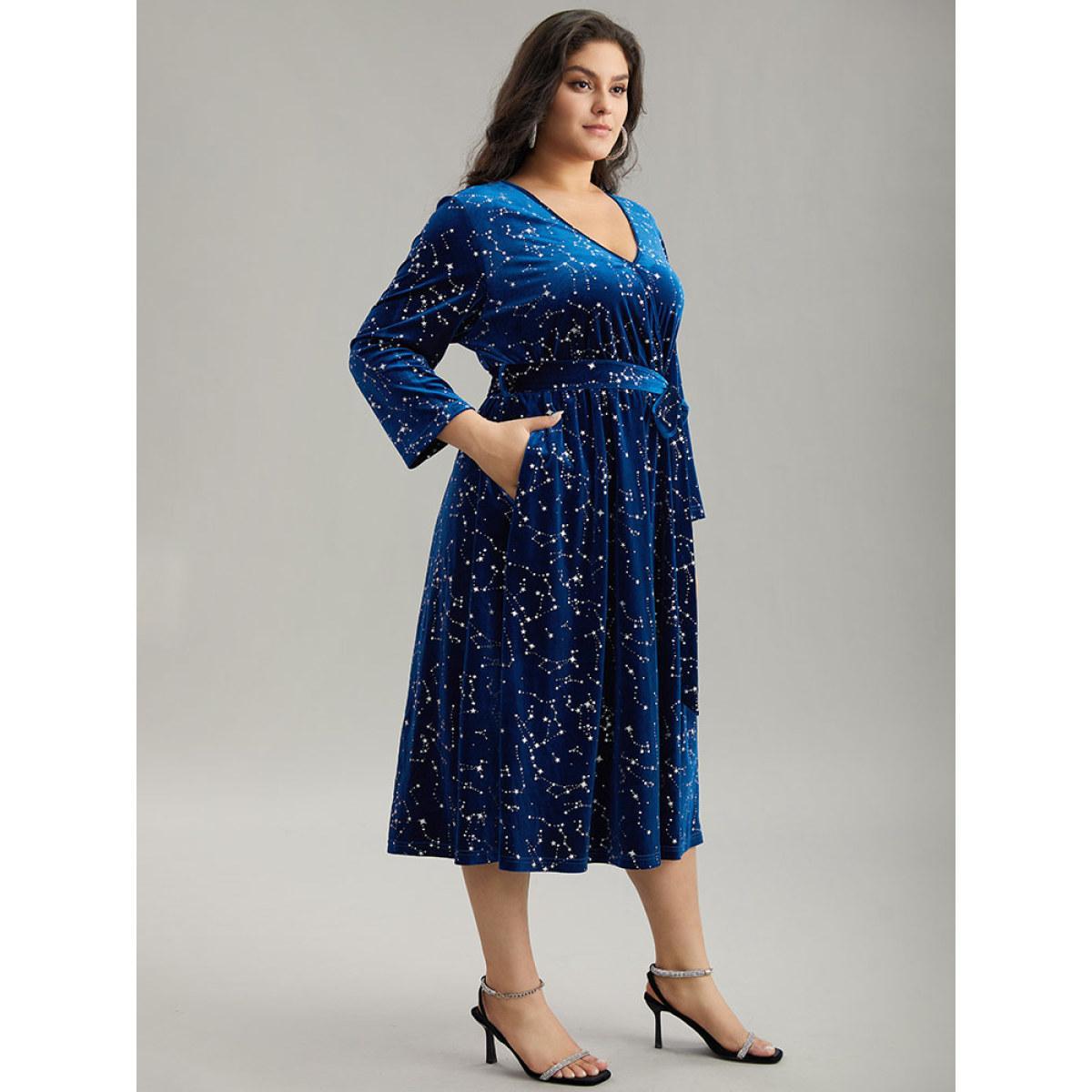 Plus Size Star Glitter Velvet Wrap Pocket Belted Dress DarkBlue Women Party Wrap Overlap Collar Long Sleeve Curvy Midi Dress BloomChic 30/6X Product Image