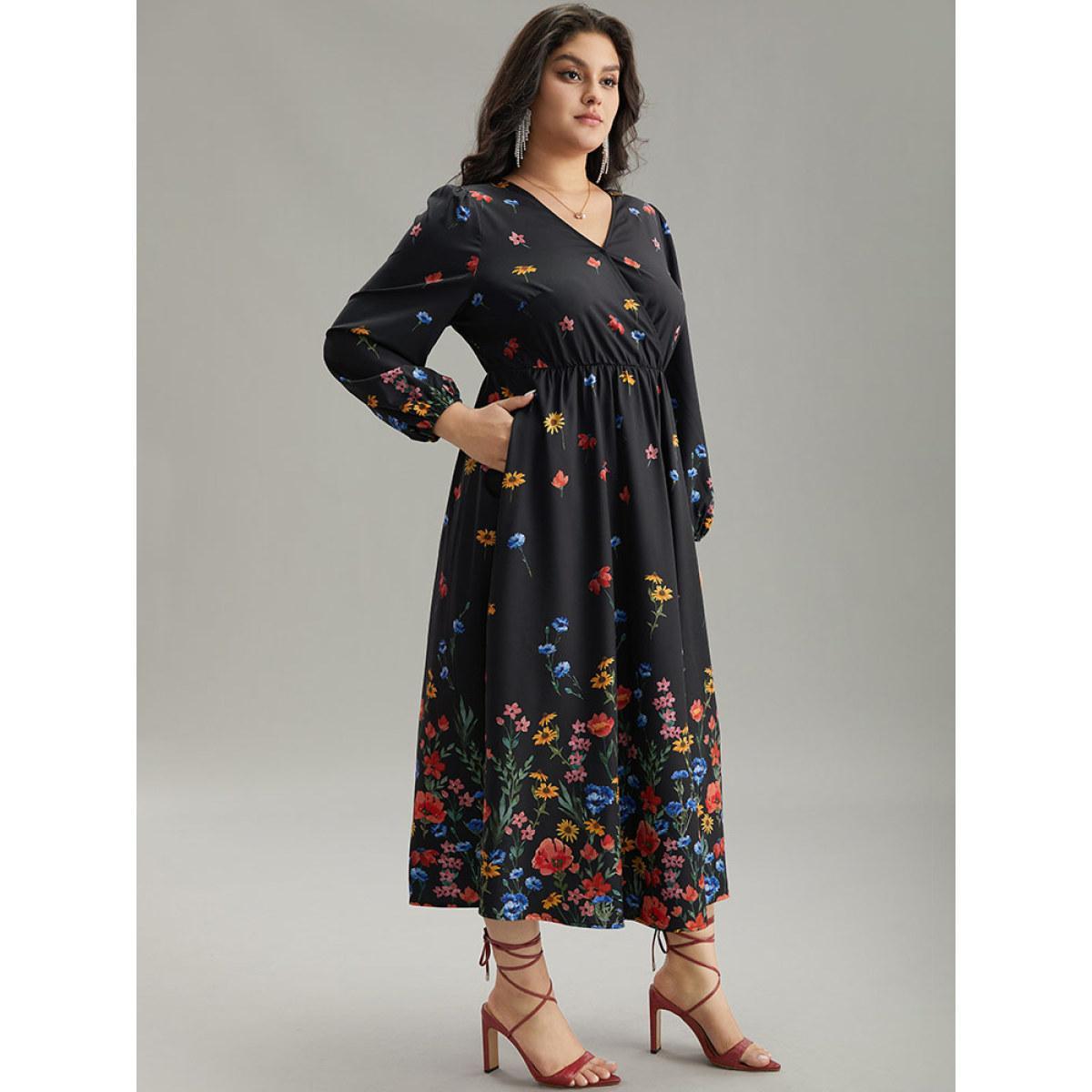 Plus Size Boho Print Overlap Collar Lantern Sleeve Dress Black Women Elegant Elastic cuffs Overlap Collar Long Sleeve Curvy Midi Dress BloomChic 14-16/1X Product Image