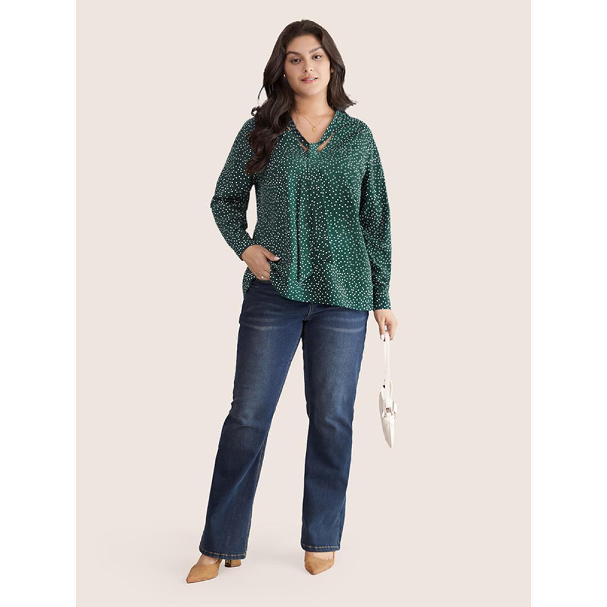 Plus Size Cyan Polka Dot V Neck Ties Knot Blouse Women Office Long Sleeve V-neck Work Blouses BloomChic 12/L Product Image