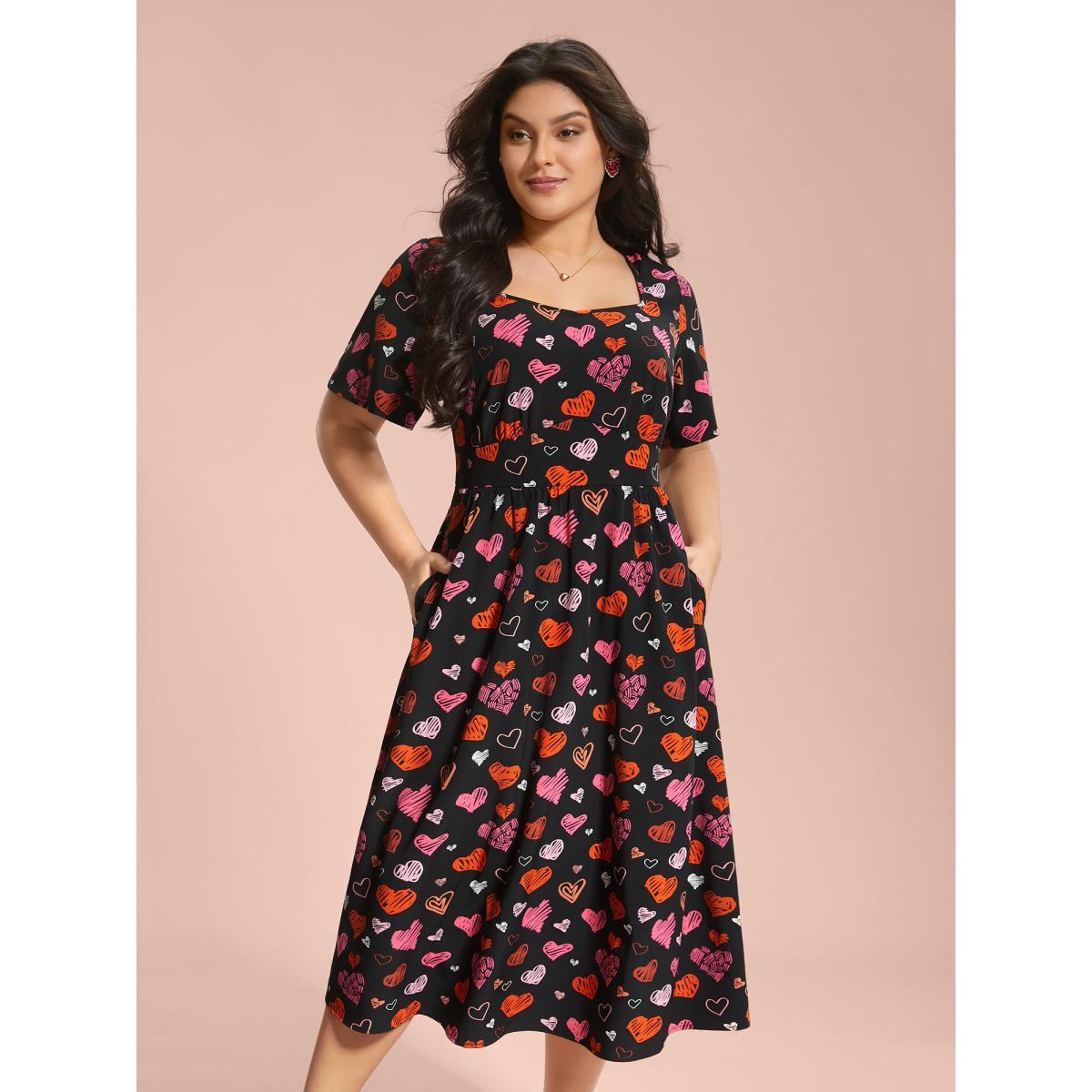 Plus Size Heart Print Ruched Stretchy Waist Dress Black Women Elegant Gathered Heart neckline Short sleeve Curvy BloomChic 14-16/1X Product Image