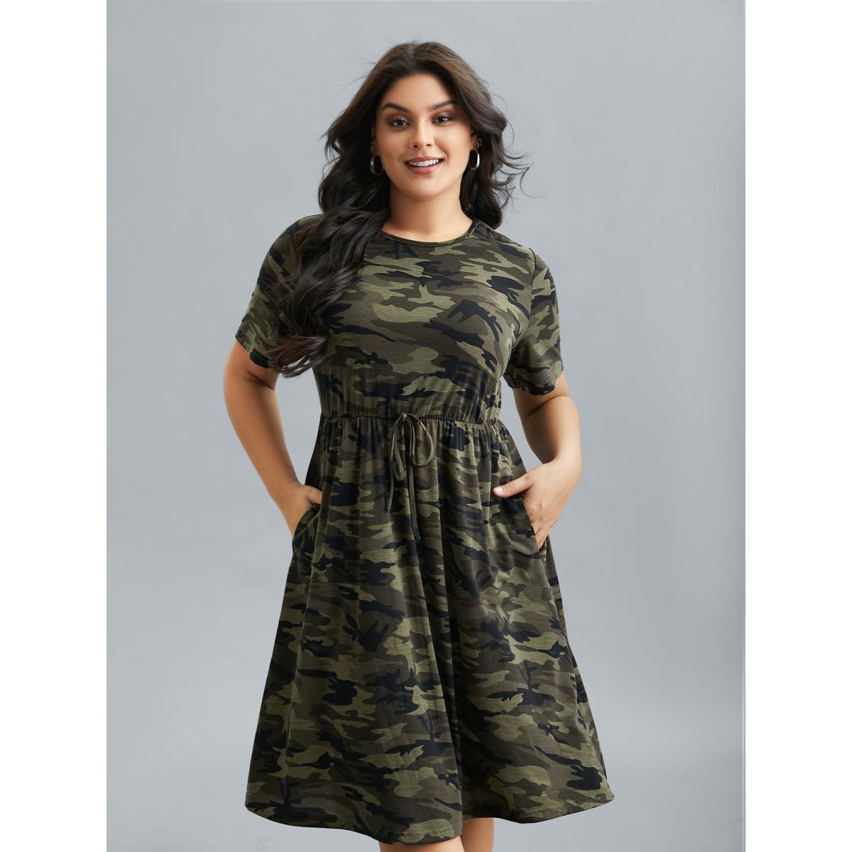 Plus Size Camouflage Print Round Neck Pockets Midi Dress ArmyGreen Women Casual Tie knot Knit Dresses Bloomchic 28/5X Product Image