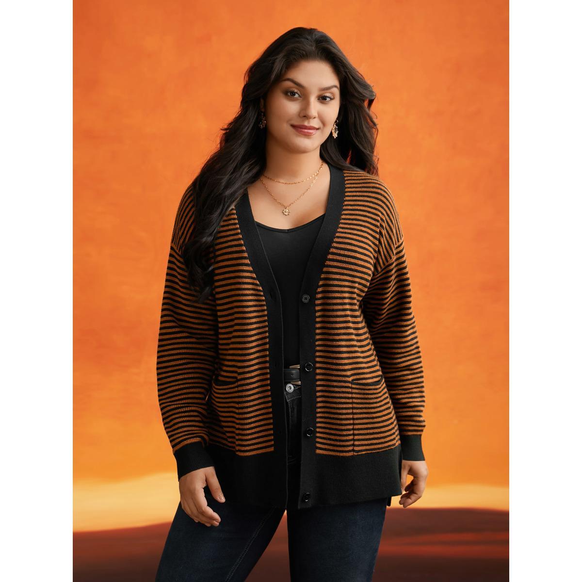 Plus Size Halloween Striped Ribbed Cardigan OrangeRed Women Casual Loose Long Sleeve Everyday Cardigans BloomChic 12/L Product Image