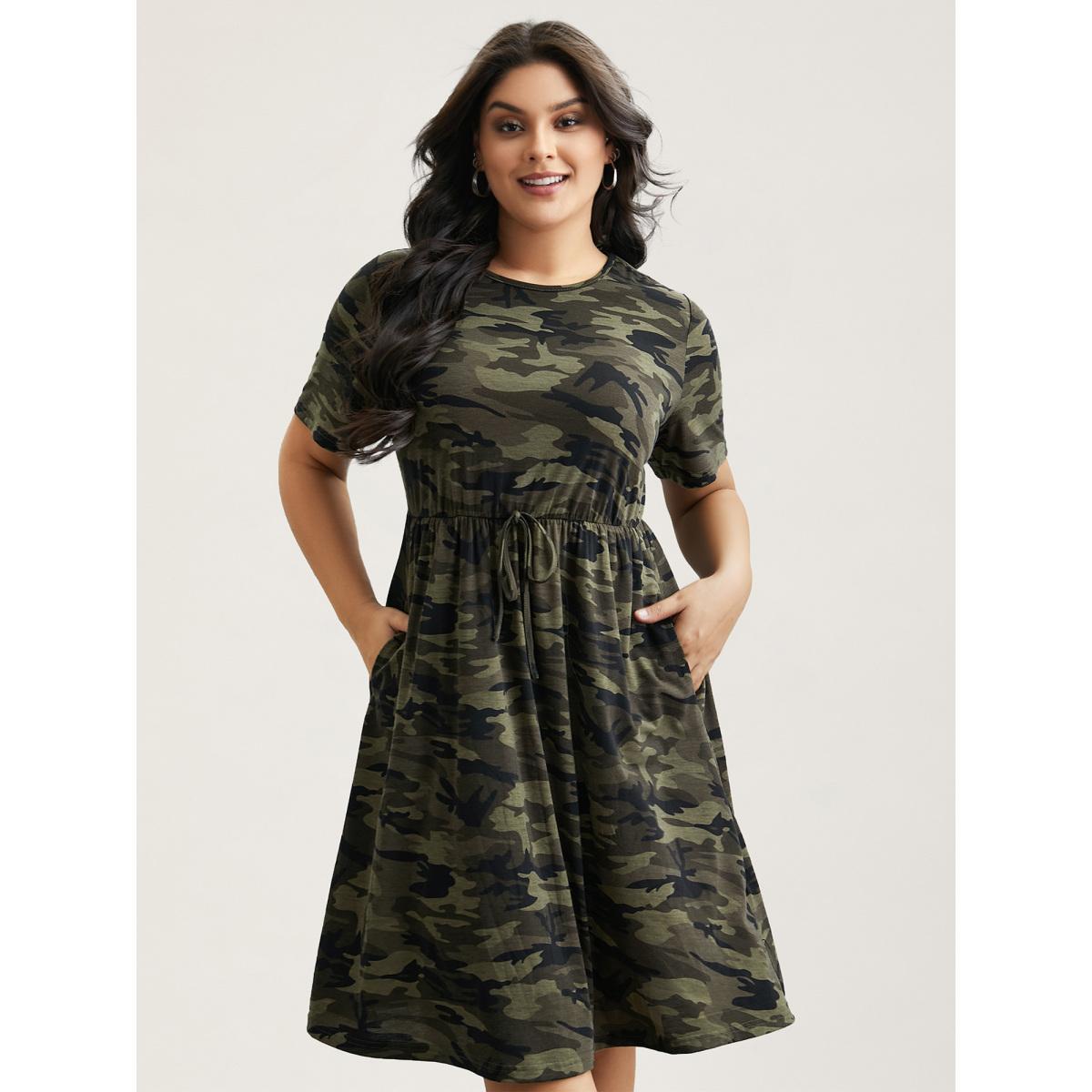 Plus Size Camouflage Print Round Neck Pockets Midi Dress ArmyGreen Women Casual Tie knot Knit Dresses Bloomchic 28/5X Product Image