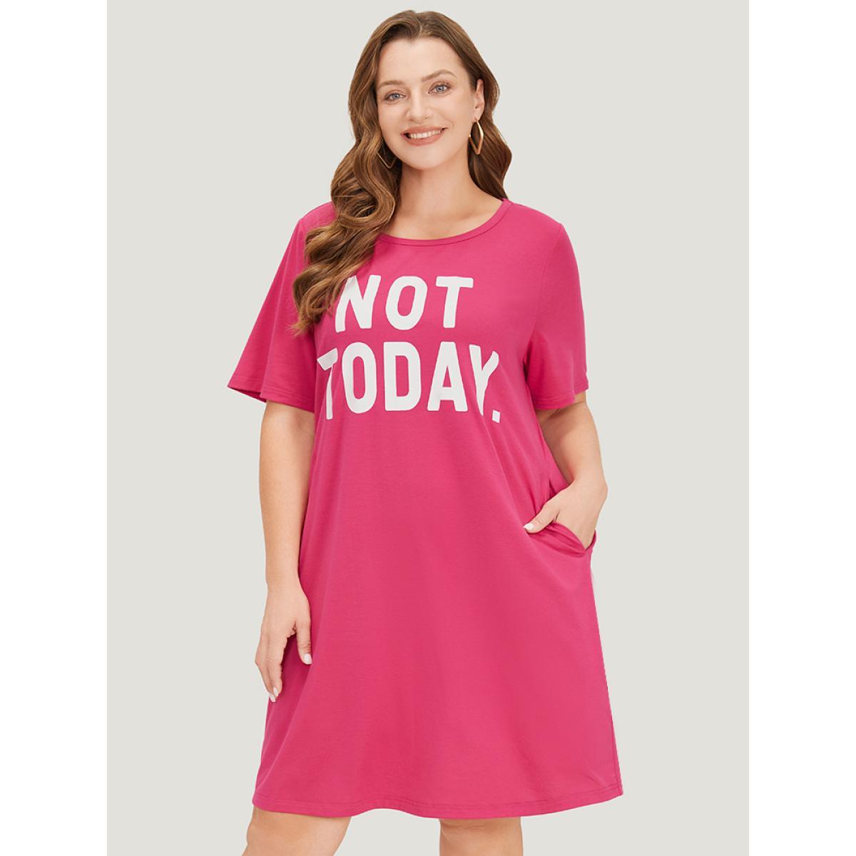 Plus Size Letter Print Pocket Short Sleeve Graphic Dress RedViolet Women Casual Pocket Curvy Knee Dress BloomChic 14-16/1X Product Image