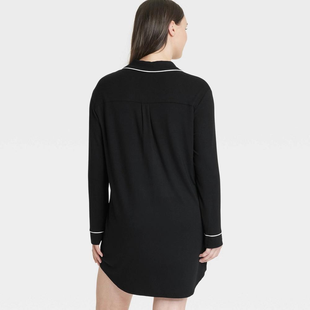 Womens Cloud Knit Notch Collar Long Sleeve NightGown - Auden Black M: Modal-Spandex Blend, Front Button Down, Banded Cuff Product Image