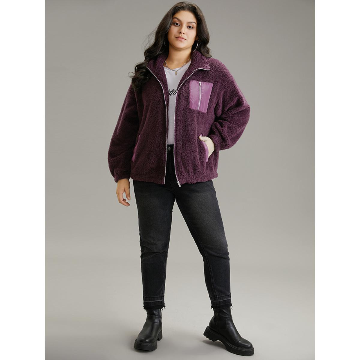 Plus Size Contrast Zipper Pocket Teddy Jacket Women Purple Elastic cuffs Pocket Dailywear Jackets BloomChic 18-20/2X Product Image