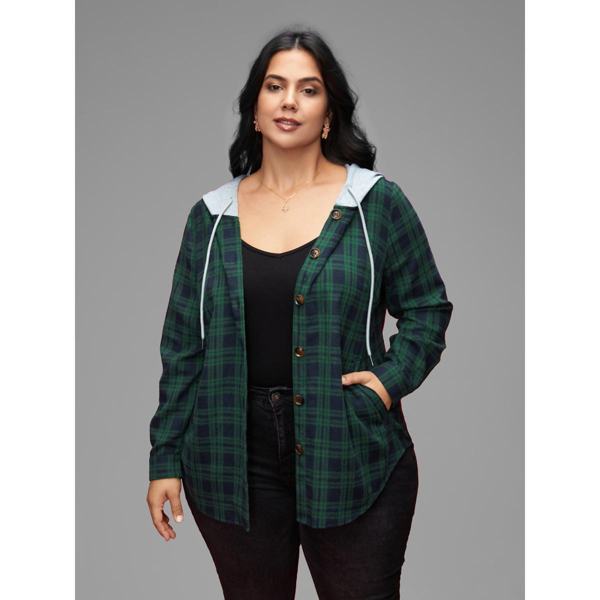 Plus Size Plaid Hooded Drawstring Jacket Women DarkGreen Contrast Slanted pocket Everyday Jackets BloomChic 22-24/3X Product Image