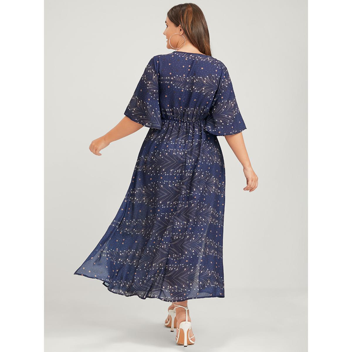 Plus Size Bandana Ruffles Button Split Pocket Ties Wrap Maxi Dress DarkBlue Women Vacation Printed V-neck Half Sleeve Curvy Long Dress BloomChic 28/5X Product Image