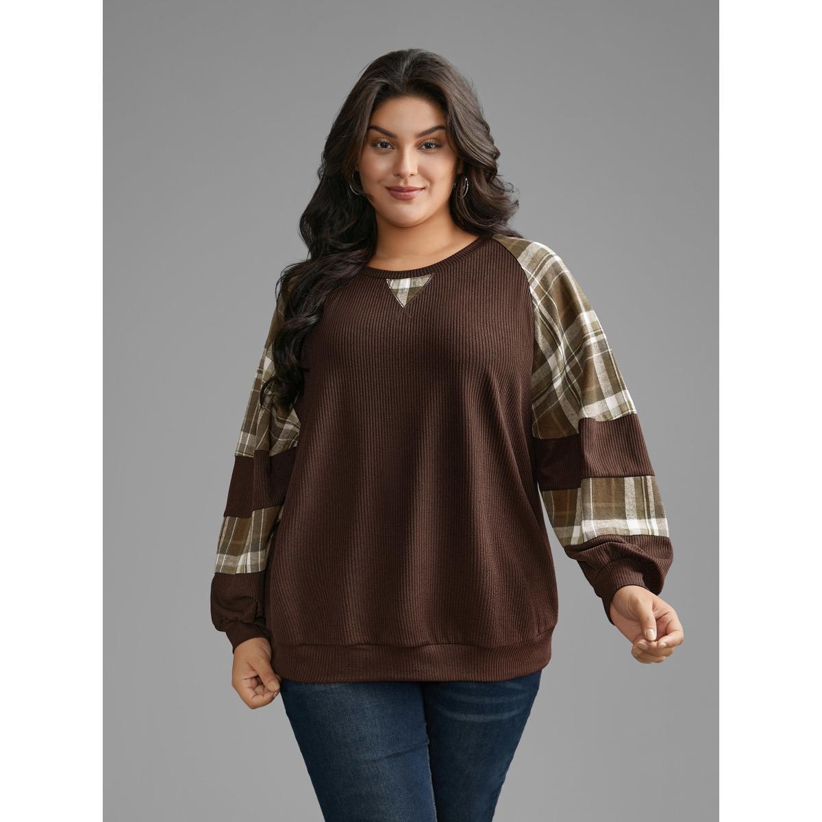 Plus Size Plaid Patchwork Raglan Sleeve Sweatshirt Women DarkBrown Casual Texture Round Neck Everyday Sweatshirts BloomChic 18-20/2X Product Image