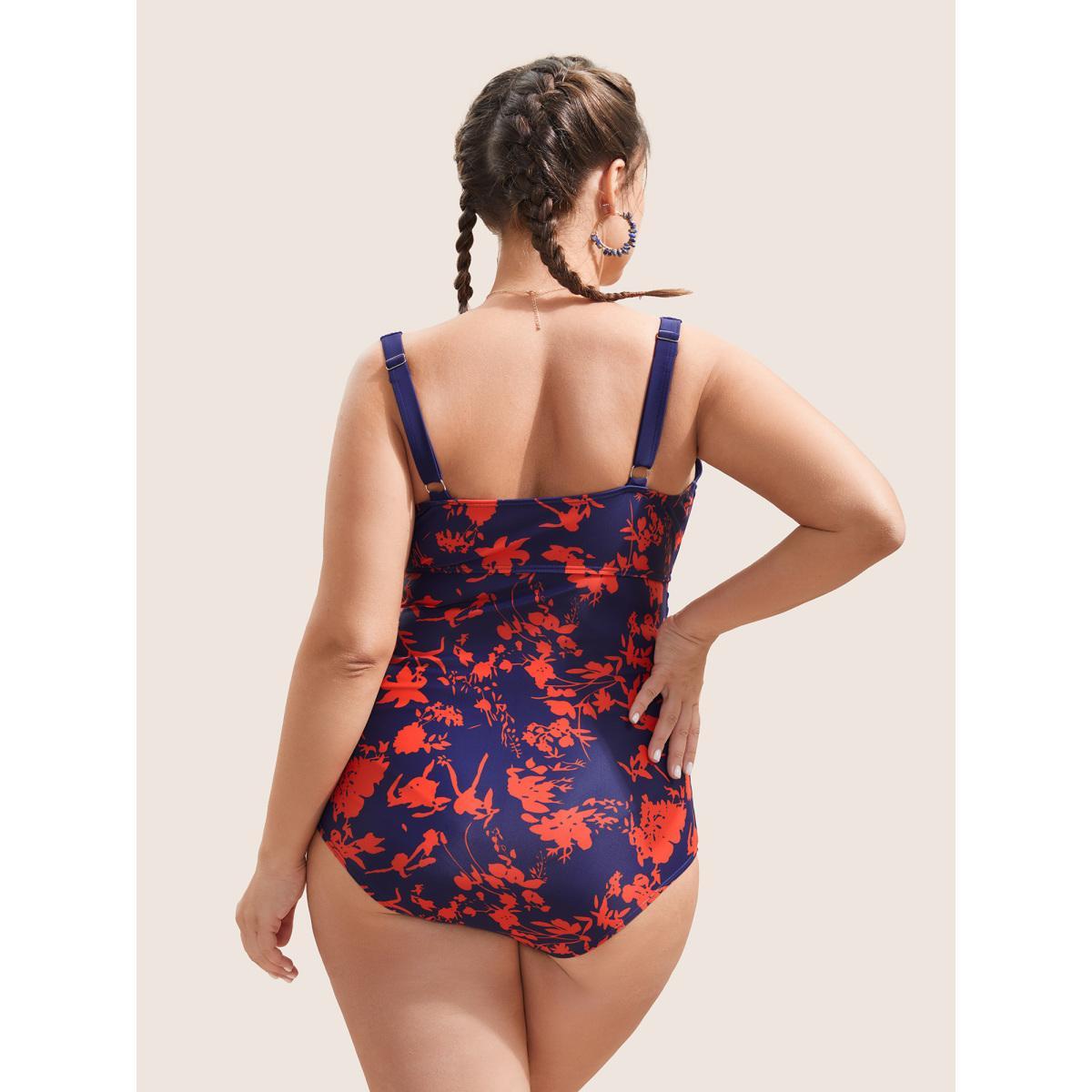 Plus Size Silhouette Floral Ruched Buckle Detail One Piece Swimsuit Women's Swimwear DarkBlue Beach Non Curve Bathing Suits High stretch One Pieces BloomChic 18-20/2X Product Image