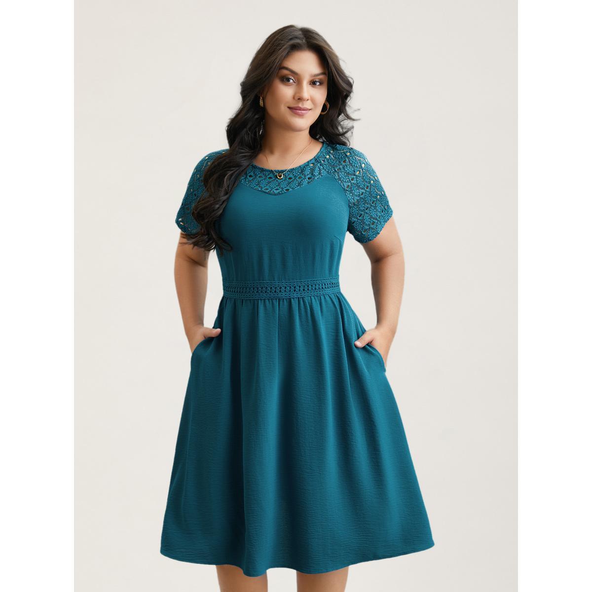 Plus Size Lace Cut-Out Raglan Sleeve Pockets Midi Dress Aegean Women Elegant Woven ribbon&lace trim Round Neck Short sleeve Curvy BloomChic 12/L Product Image