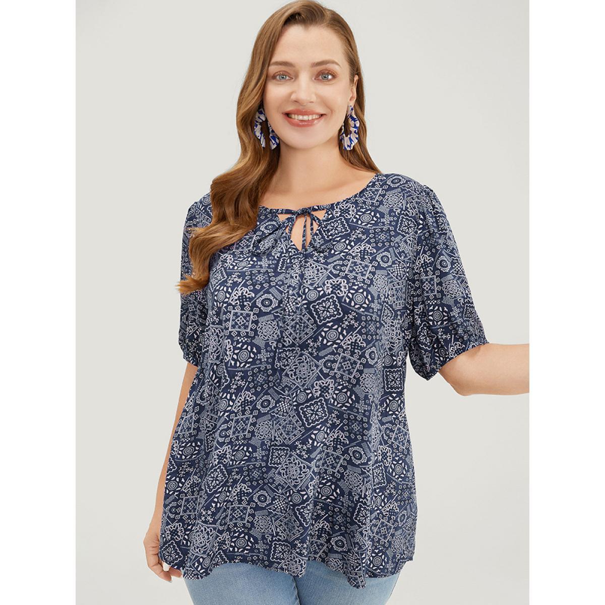 Plus Size Indigo Moroccan Print Keyhole Tie Neck Blouse Women Vacation Short sleeve V-neck Work Blouses BloomChic 22-24/3X Product Image
