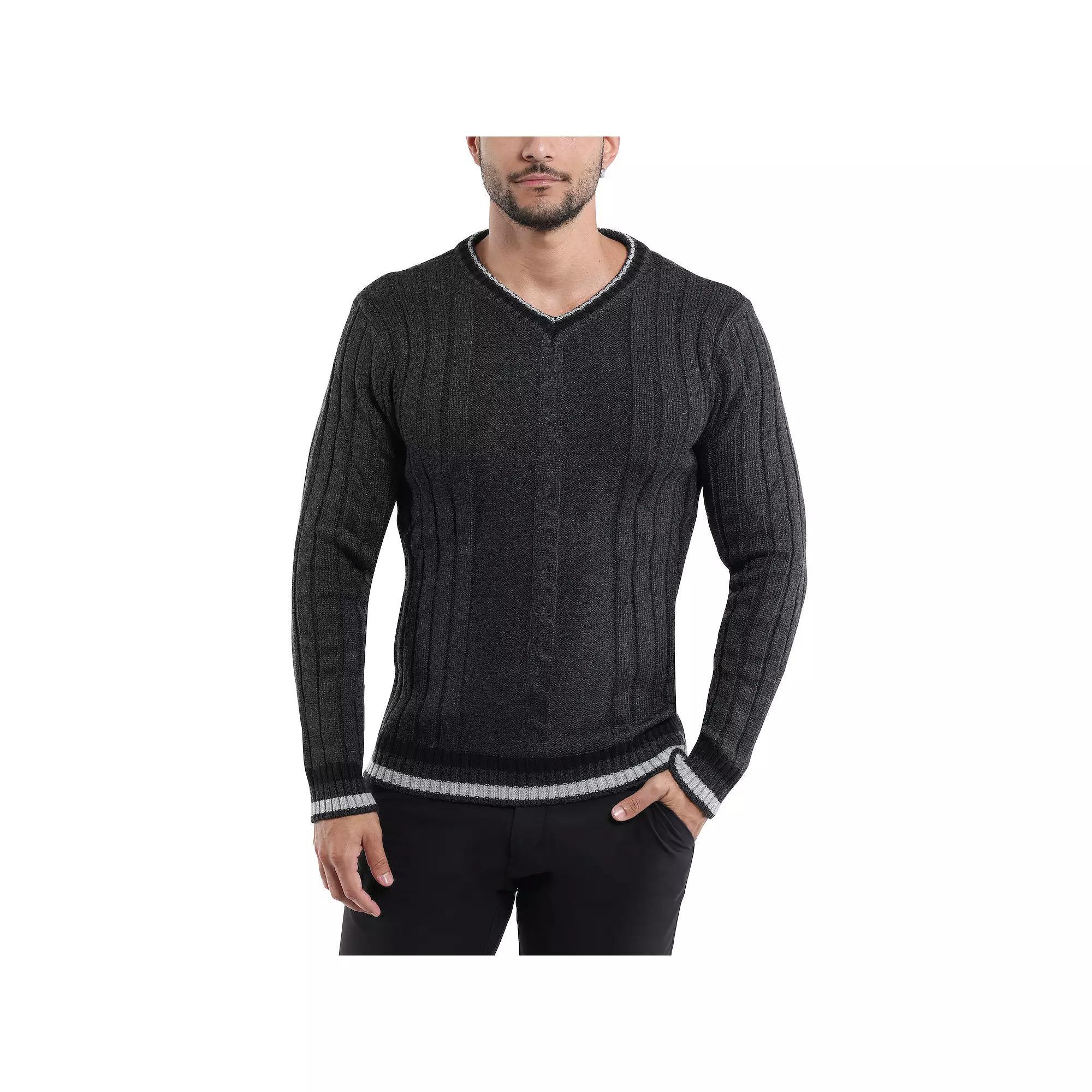 Men's Xray Cable Knit Tipped V-Neck Sweater, Size: Large, Grey Product Image