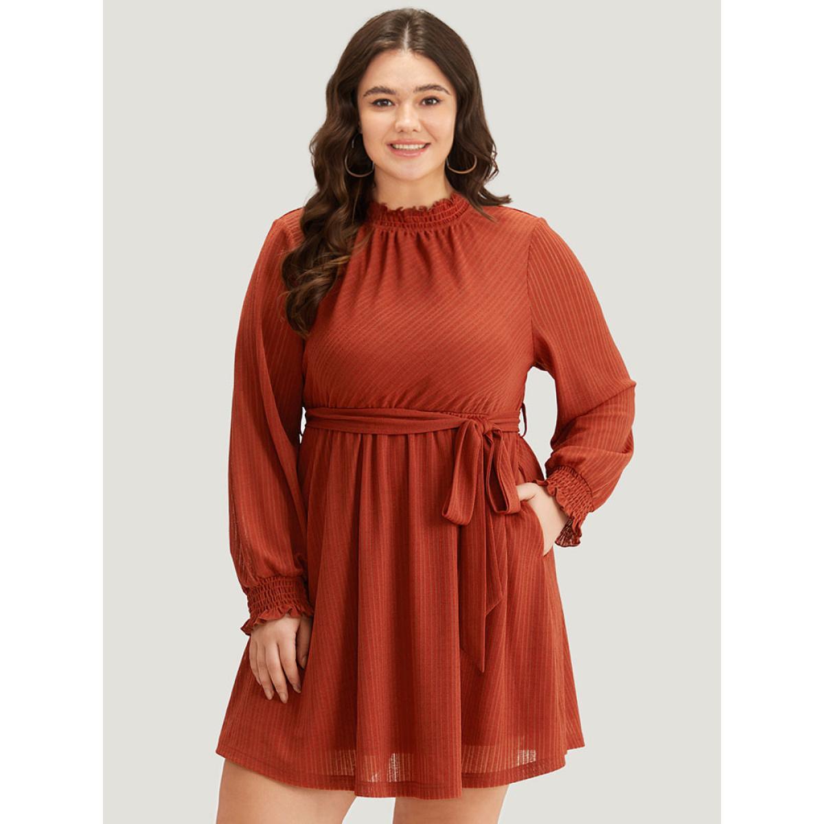 Plus Size Solid Shirred Belted Mock Neck Dress Rust Women Elegant Texture Mock Neck Long Sleeve Curvy Midi Dress BloomChic 22-24/3X Product Image