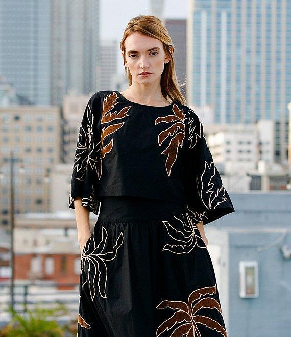 CIEBON Tyler Palm Tree Embroidered Crew Neck 3/4 Wide Flare Sleeve Coordinating Crop Top Product Image
