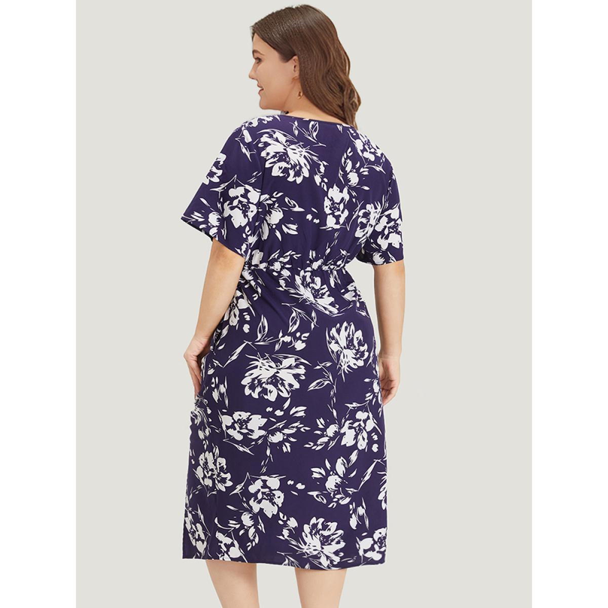 Plus Size Silhouette Floral Print Wrap Drawstring Split Hem Dress DarkBlue Women Elegant Elastic Waist V-neck Short sleeve Curvy Midi Dress BloomChic 12/L Product Image