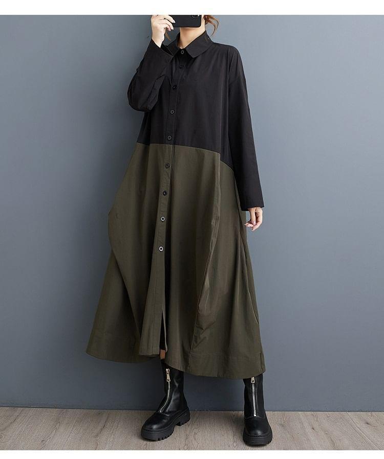 Long Sleeve Collared Two Tone Midi A-Line Shirt Dress Product Image