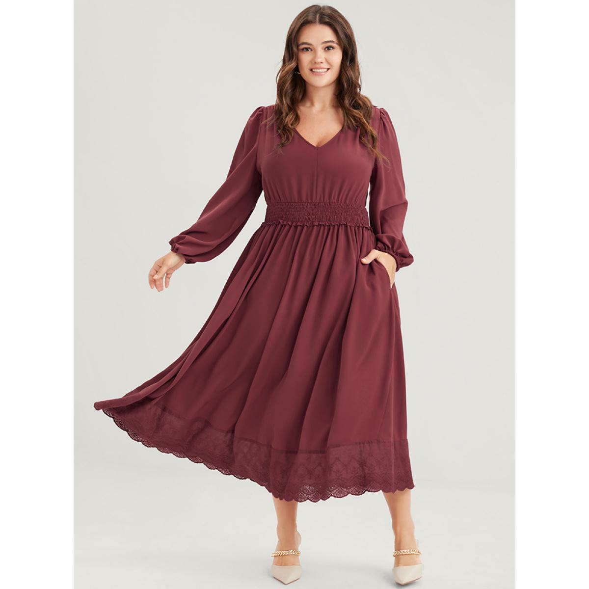 Plus Size Solid Pocket Lantern Sleeve Patchwork Ruffled Shirred Dress DustyPink Women Elegant Plain V-neck Long Sleeve Curvy Midi Dress BloomChic 28/5X Product Image