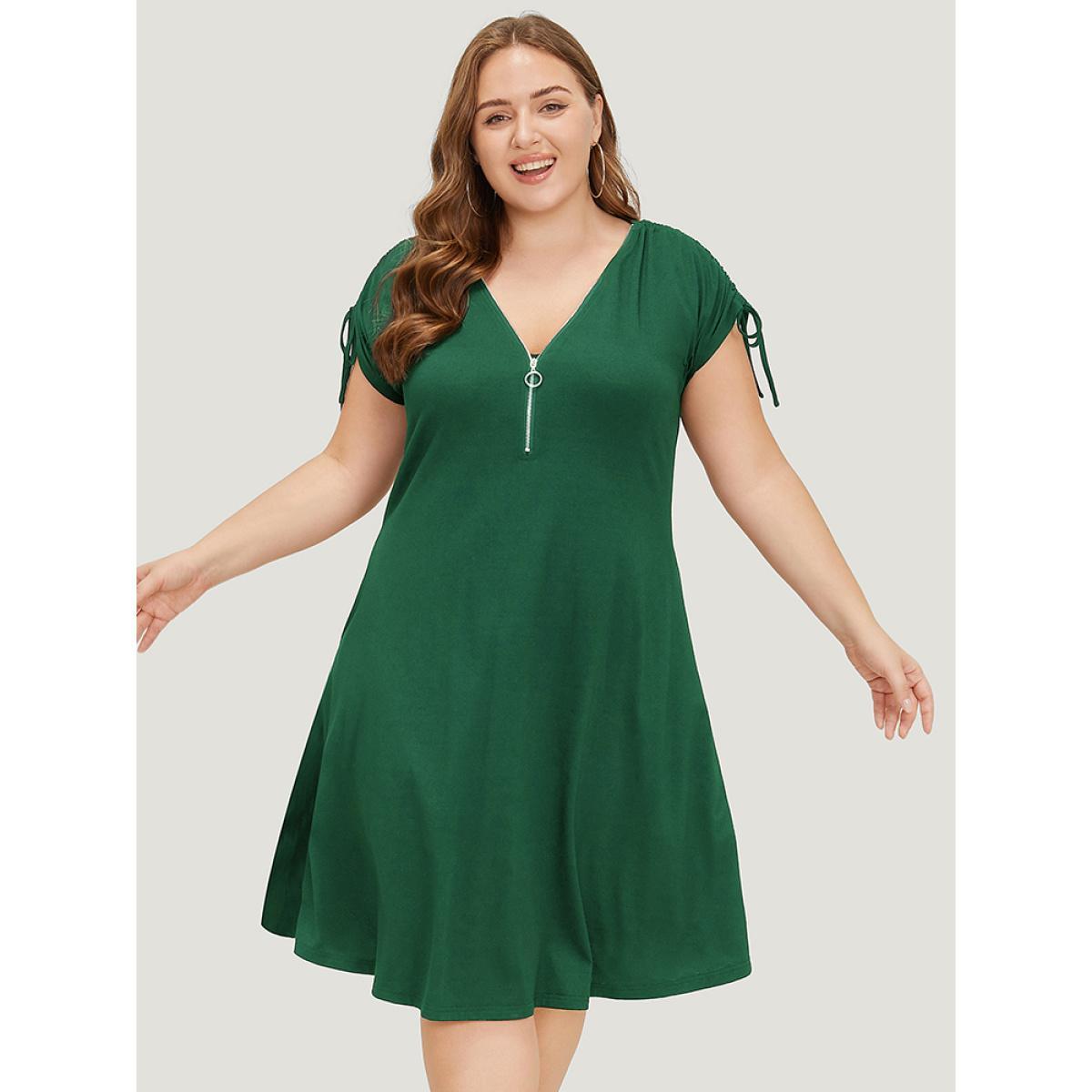 Plus Size Solid Drawstring Sleeve Pocket Ruffle Zip Up Dress DarkGreen Women Casual Zipper V-neck Half Sleeve Curvy Knee Dress BloomChic 10/M Product Image