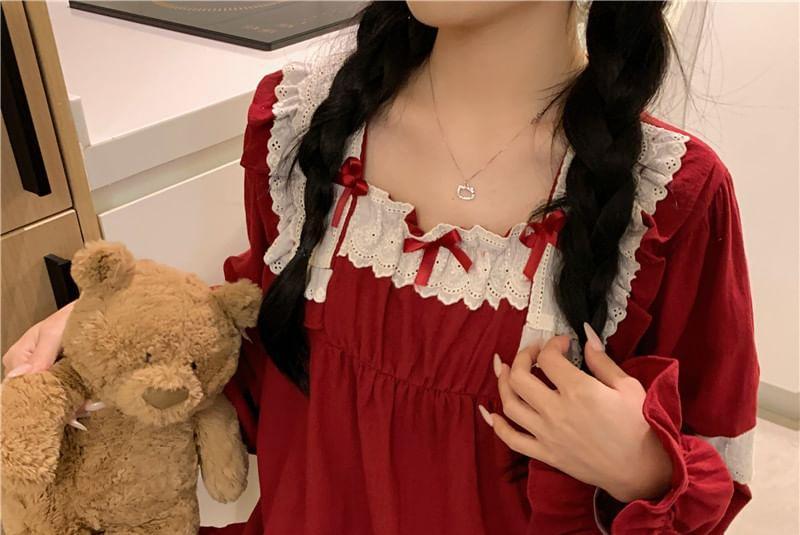 Pajama Set: Long Sleeve Square Neck Bow Ruffle Blouse + Straight Leg Pants Product Image