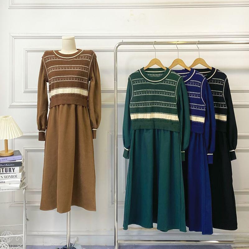 Long-Sleeve Crew Neck Mock Two-Piece Striped Knit Panel Corduroy Midi A-Line Dress Product Image