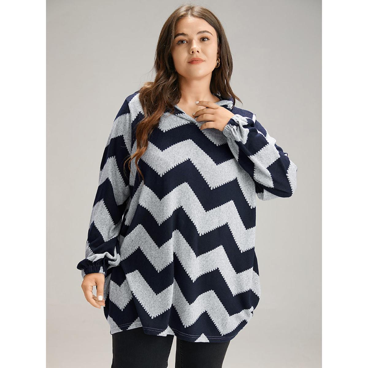 Plus Size Geo Striped Hooded Elastic Cuffs T-shirt Navy Women Casual Elastic cuffs Geometric Hooded Dailywear T-shirts BloomChic 22-24/3X Product Image