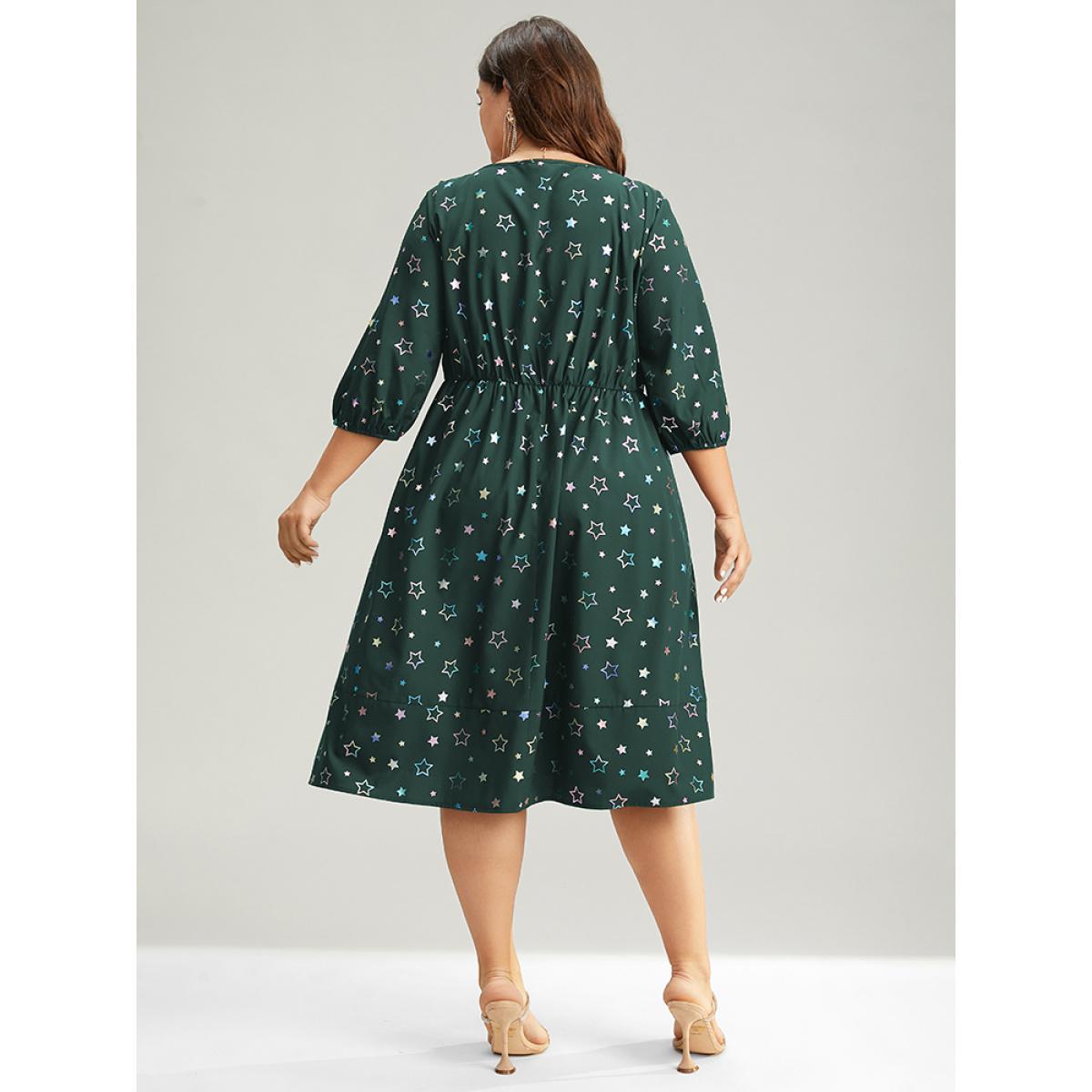 Plus Size Heart Glitter Square Neck Lantern Sleeve Dress DarkGreen Women Cocktail Elastic cuffs Square Neck Half Sleeve Curvy Midi Dress BloomChic 18-20/2X Product Image