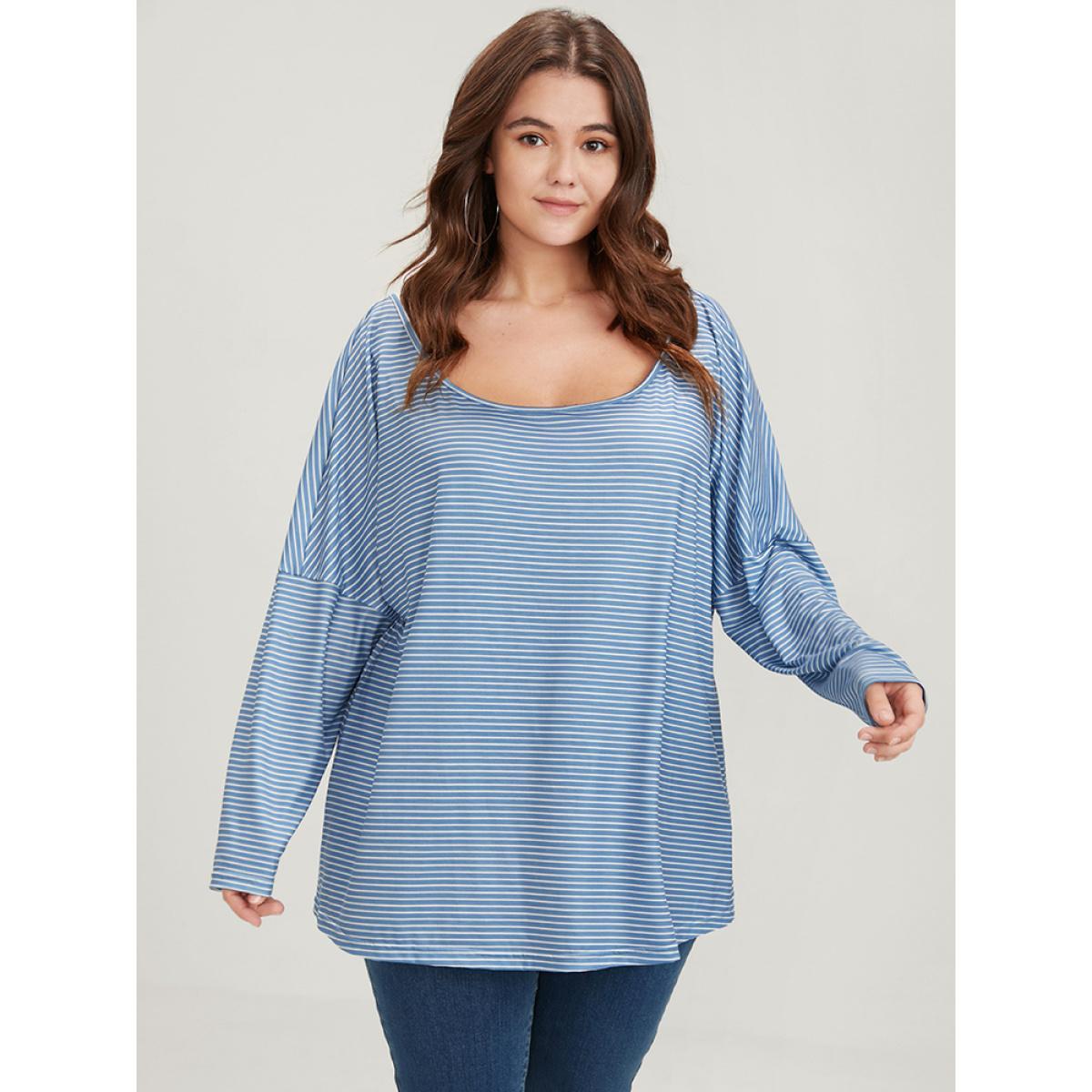Plus Size Striped Print Scoop Neck Long Tee Blue Women Casual Striped Scoop Neck Loose Dailywear T-shirts BloomChic 30/6X Product Image