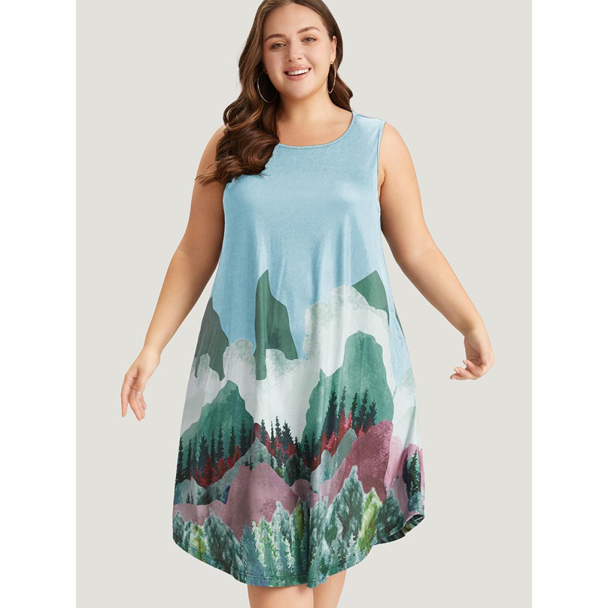 Plus Size Landscape Print Pocket Curved Hem Tank Dress LightBlue Women Casual Printed Round Neck Sleeveless Curvy Midi Dress BloomChic 22-24/3X Product Image