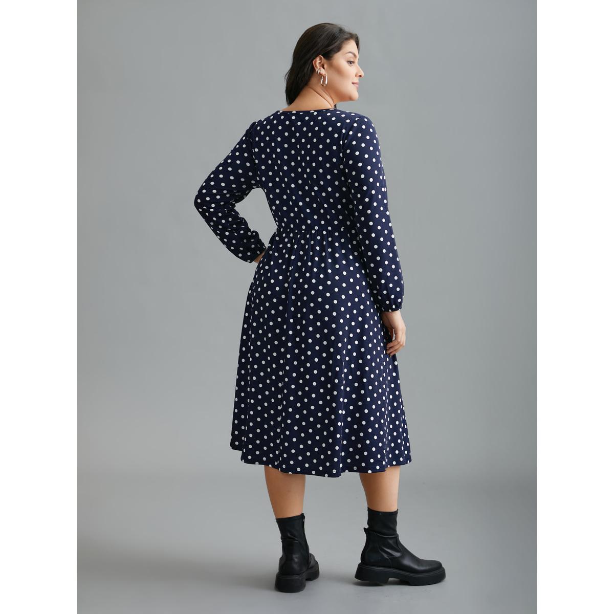 Plus Size V Neck Polka Dot Midi Dress DarkBlue Women Casual Non Knit Dresses Bloomchic 10/M Product Image