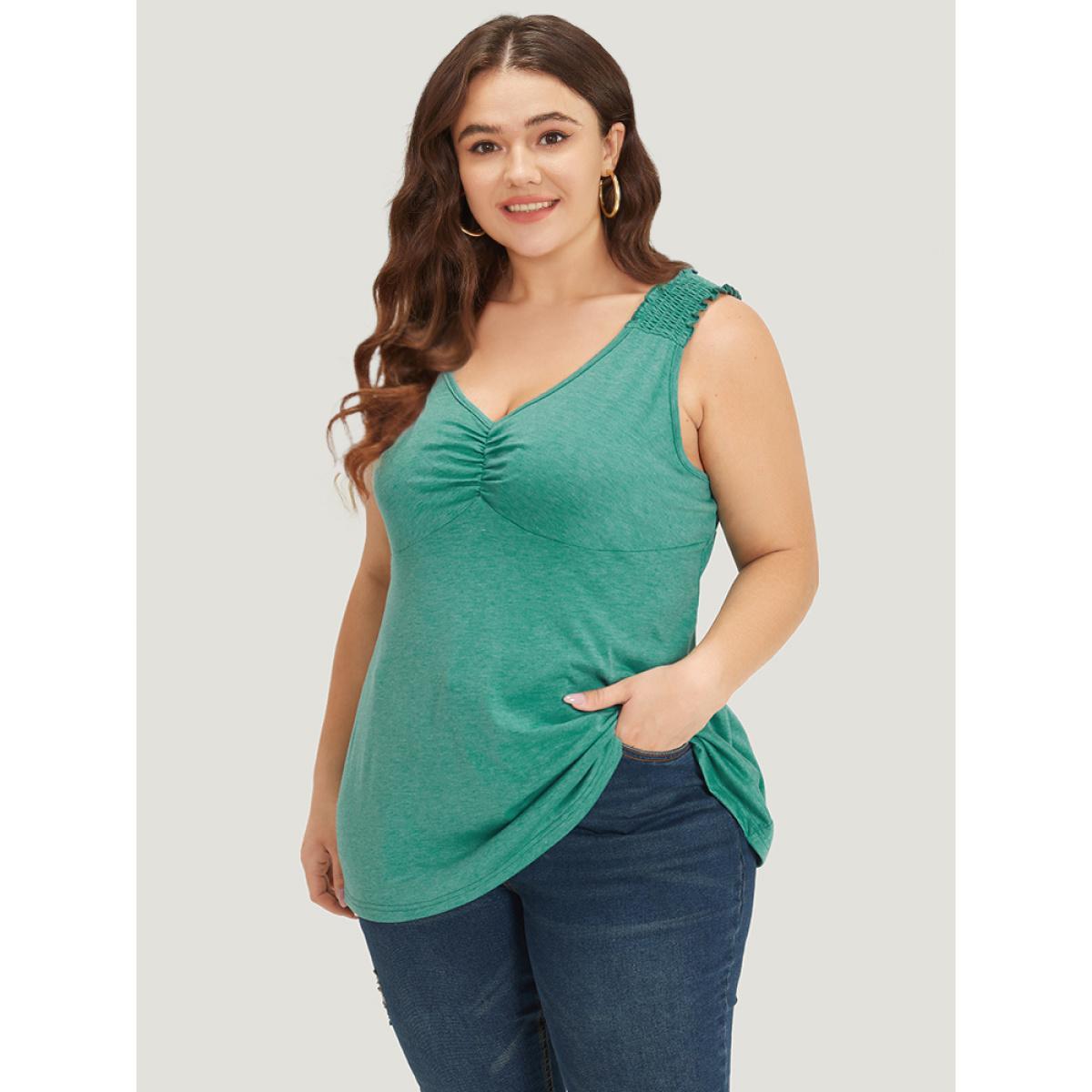 Plus Size Plain V Neck Ruched Shirred Tank Top Women Emerald Elegant Plain V-neck Dailywear Tank Tops Camis BloomChic 22-24/3X Product Image