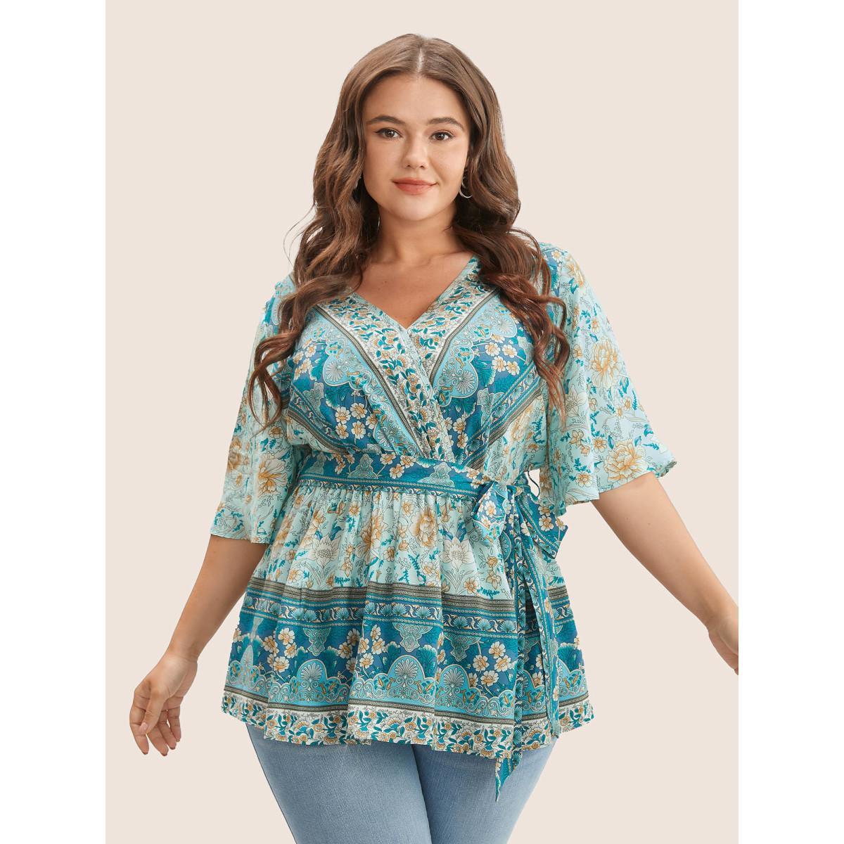 Plus Size Turquoise Floral Print Ruffles Belted Blouse Women Resort Half Sleeve V-neck Vacation Blouses BloomChic 22-24/3X Product Image
