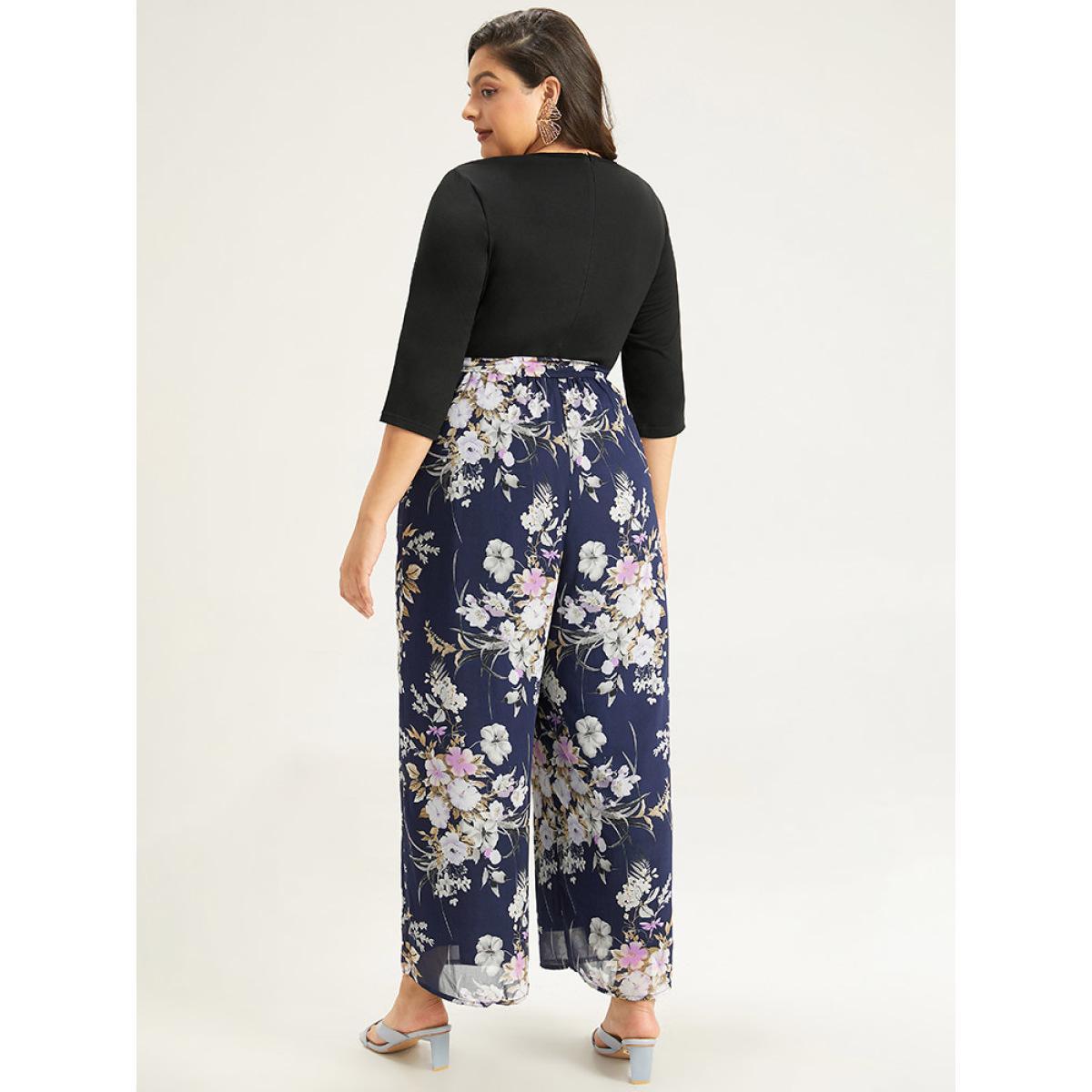 Plus Size Indigo Floral Patchwork Belted Jumpsuit Women Elegant Elbow-length sleeve Round Neck Everyday Loose Jumpsuits BloomChic 18-20/2X Product Image