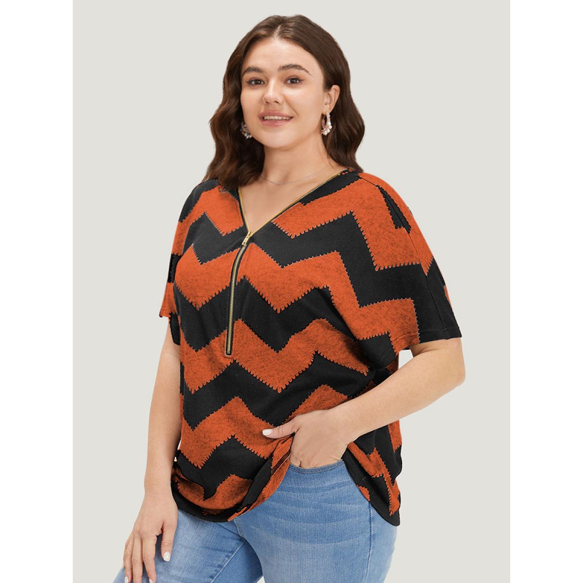 Plus Size Striped Zipper Batwing Sleeve T-shirt Rust Women Casual Zipper Striped V-neck Dailywear T-shirts BloomChic 26/4X Product Image