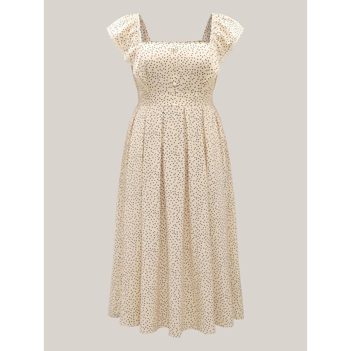 Plus Size Polka Dot Cinched-Waist Pockets Midi Dress Apricot Women Square Neck Cap Sleeve Curvy BloomChic 30/6X Product Image