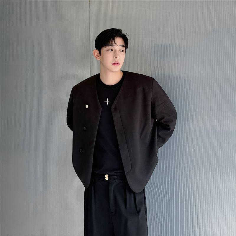 V-Neck Button-Up Plain Jacket Product Image