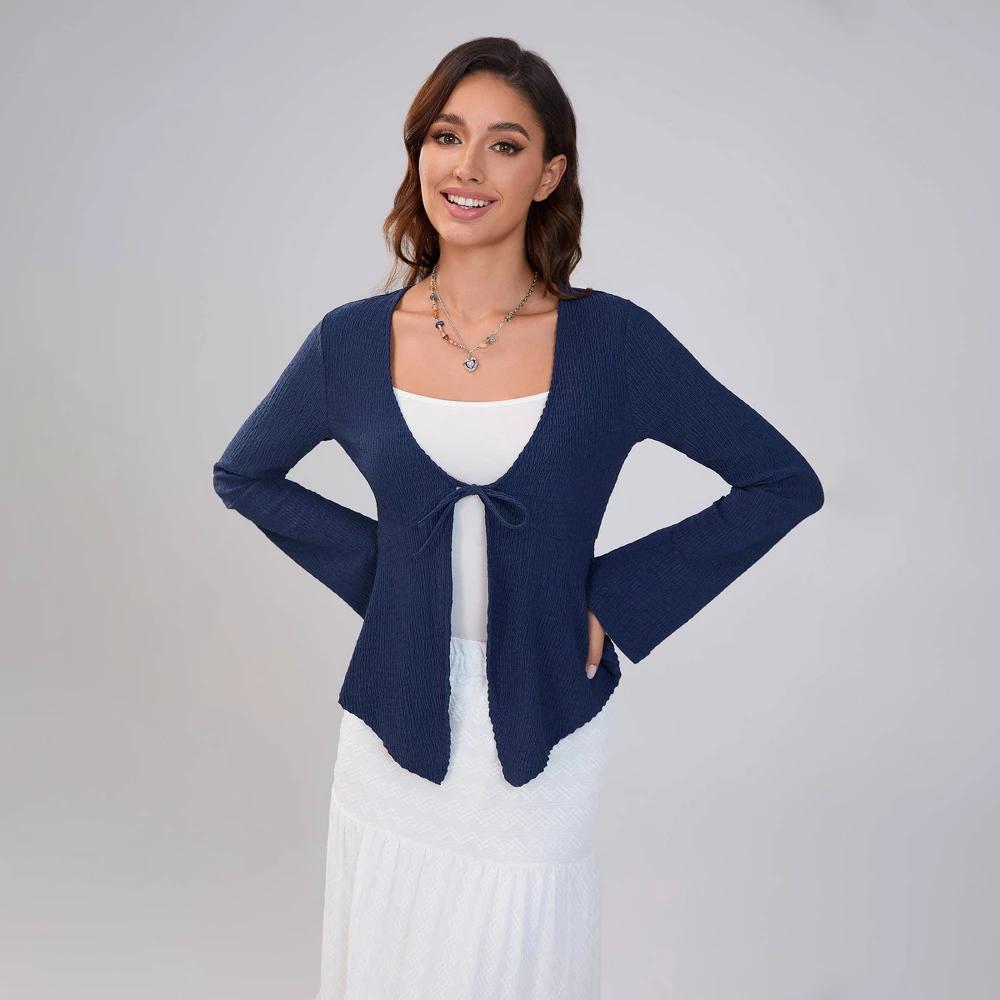 Women's V-Neck Knotted Long Sleeve Blouse - Wild Fable™ Navy Blue Product Image