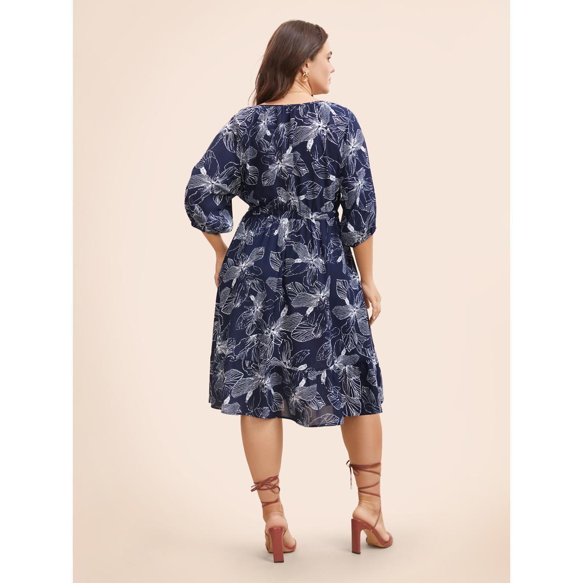 Plus Size Silhouette Floral Print Tie Knot Dress Navy Women Elegant Tie knot V-neck Elbow-length sleeve Curvy BloomChic 22-24/3X Product Image