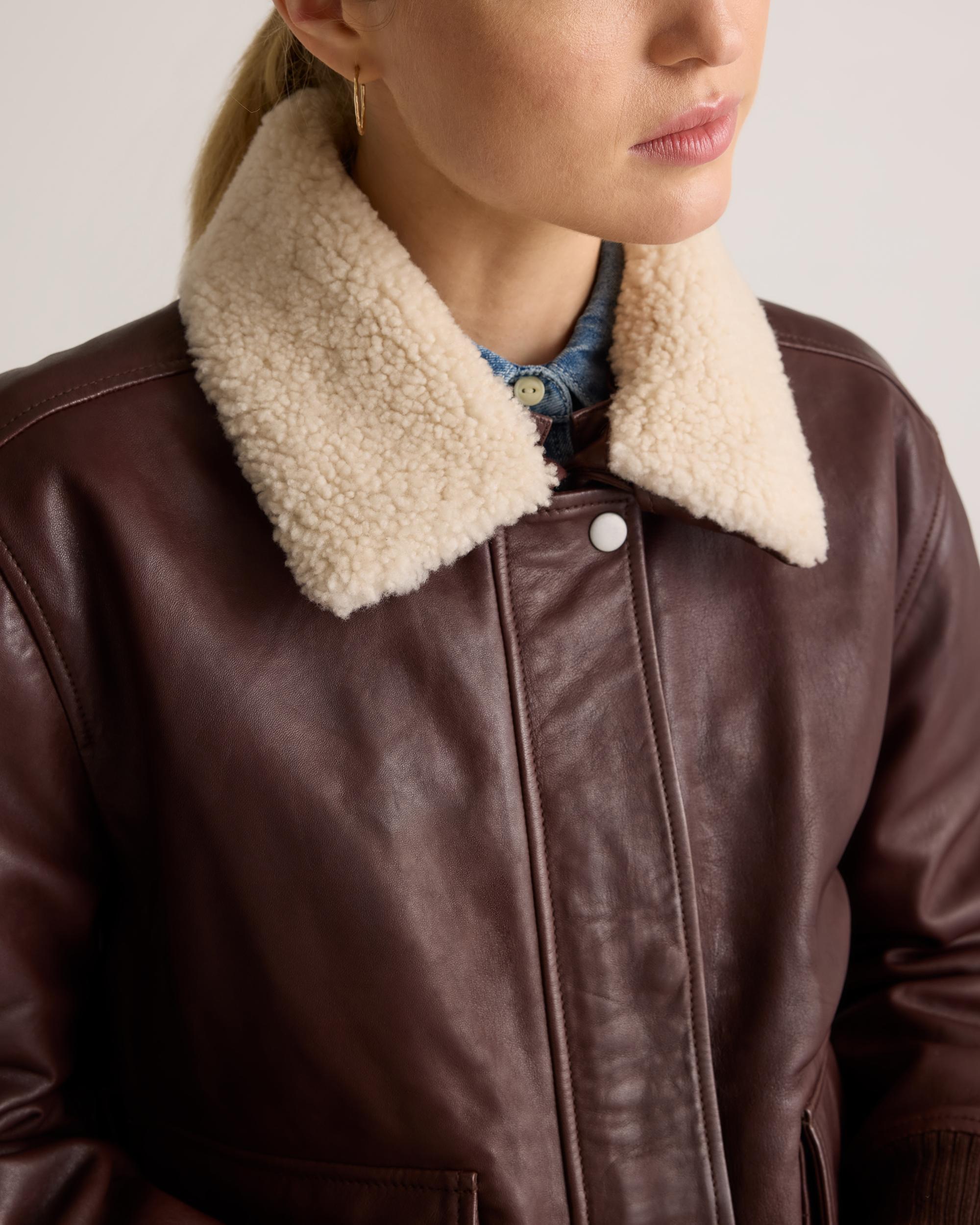 Quince | Women's Shearling Trim Aviator Jacket Size XL, Leather Product Image