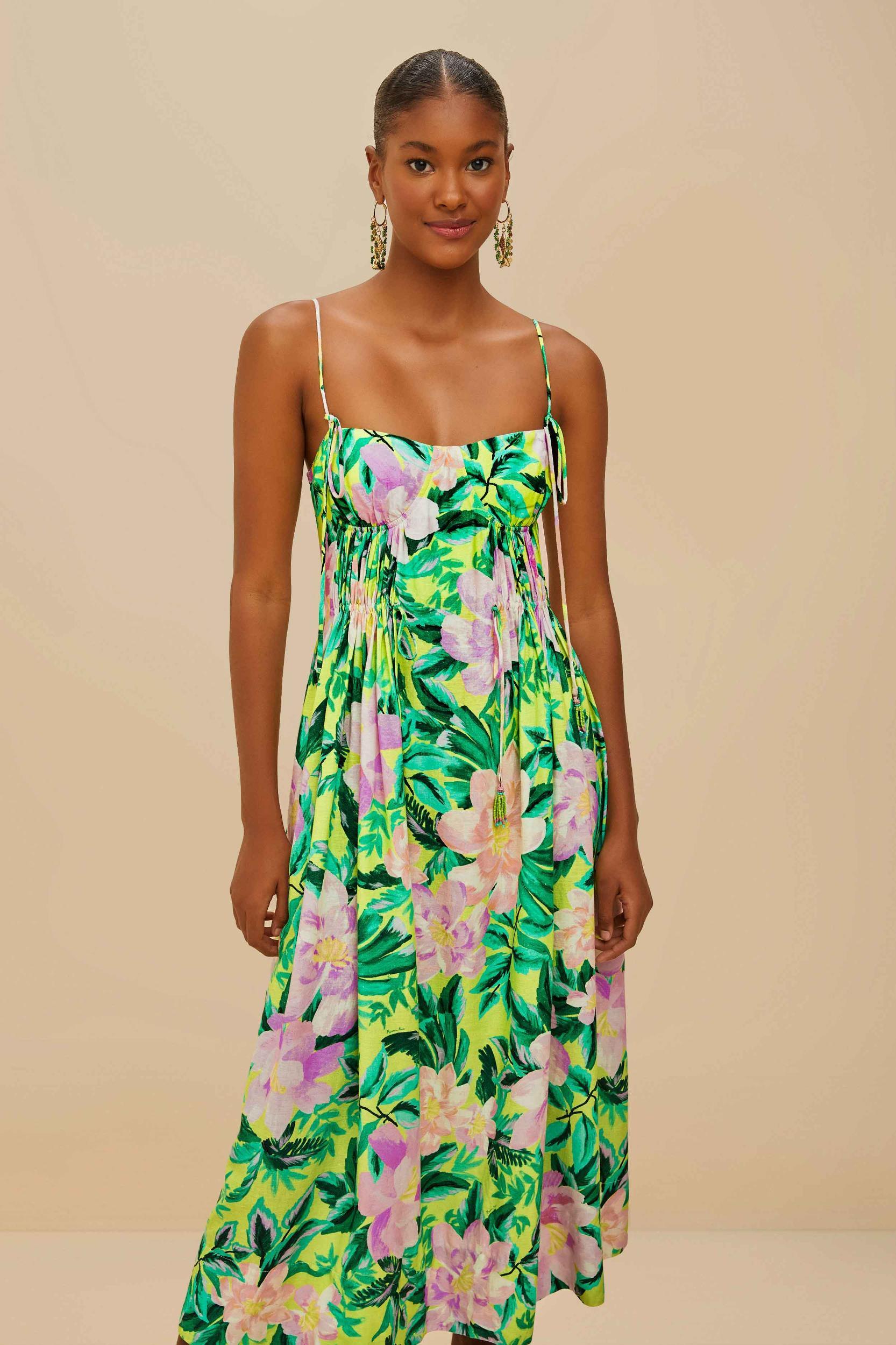 Green Painted Flowers LENZING™ ECOVERO™ Euroflax™ Midi Dress Product Image