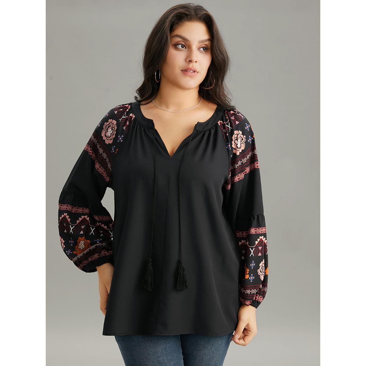 Plus Size Black Boho Print Tie Neck Tassel Trim Blouse Women Vacation Long Sleeve Tie Neck Dailywear Blouses BloomChic 18-20/2X Product Image