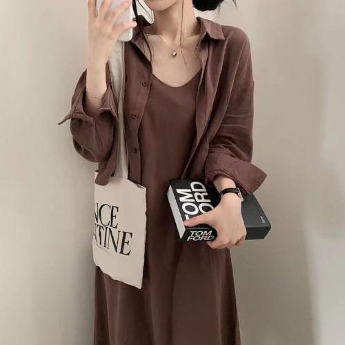 Set: Plain Linen Slipdress + Long Sleeve Plain Shirt Product Image