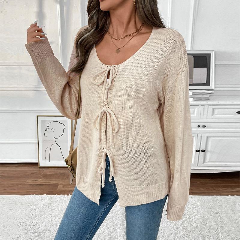 Scoop Neck Plain Bowknot Detail Cardigan Product Image